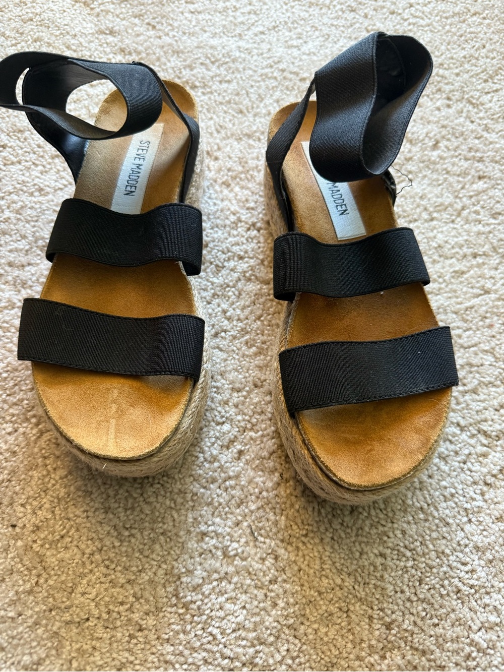 Steve Madden Black Elastic Strap Espadrille Platform Sandals with Tan Footbed